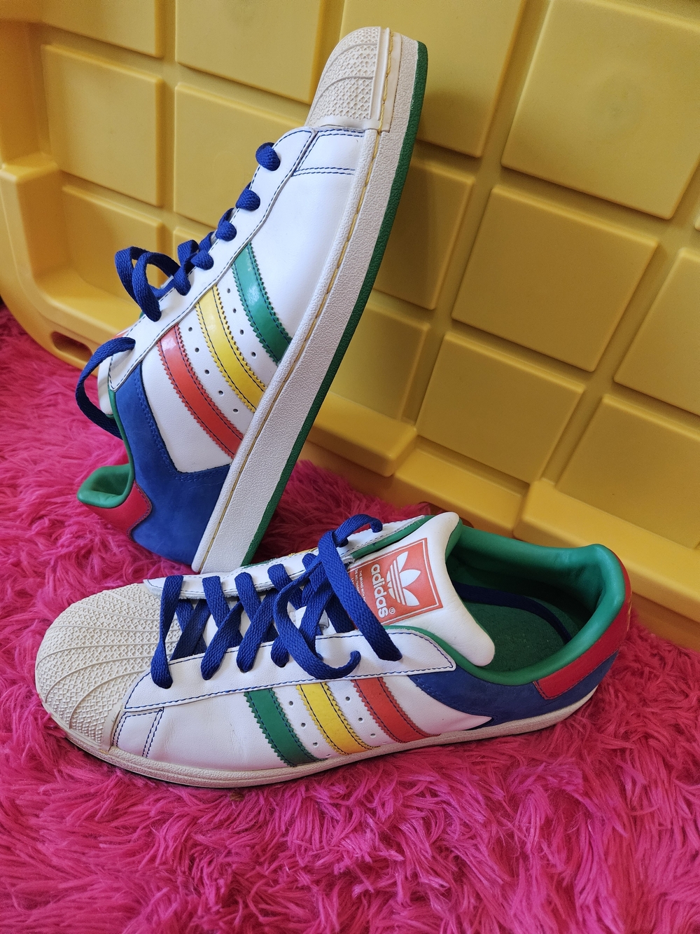 adidas Kids White Sneakers with Blue Laces and Multicolor Stripes